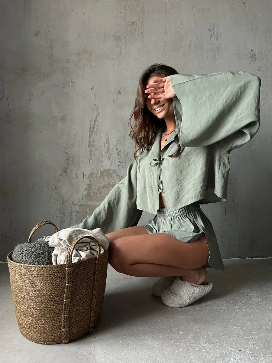 Solid Color Viscose Long Sleeved Shorts Pajamas 2 Piece Set │ Comfortable Homewear - Besontique Home