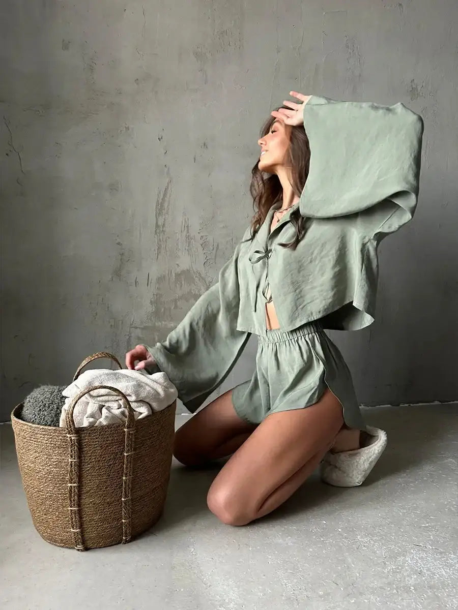 Solid Color Viscose Long Sleeved Shorts Pajamas 2 Piece Set │ Comfortable Homewear - Besontique Home