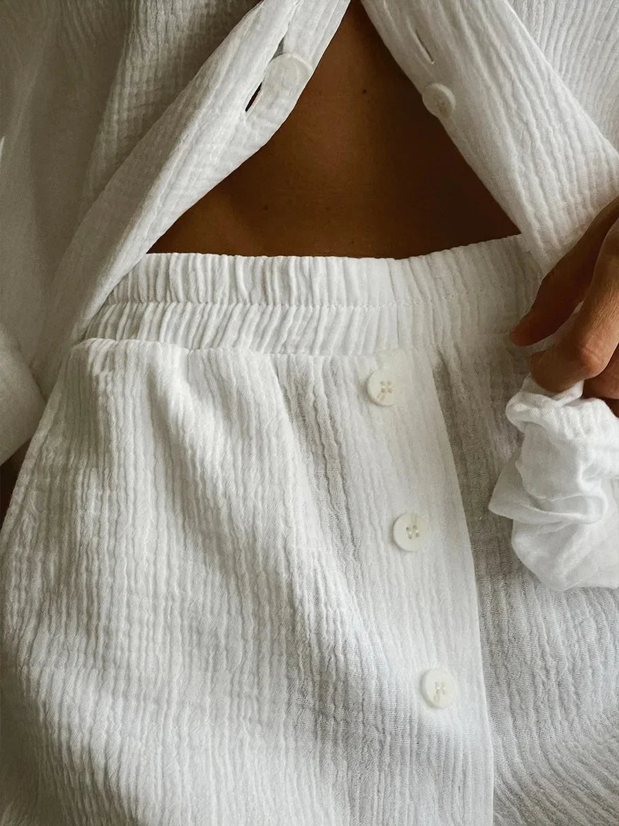 Solid Color White Pajamas 2 Piece Set │ Cotton Homewear Nightwear - Besontique Home