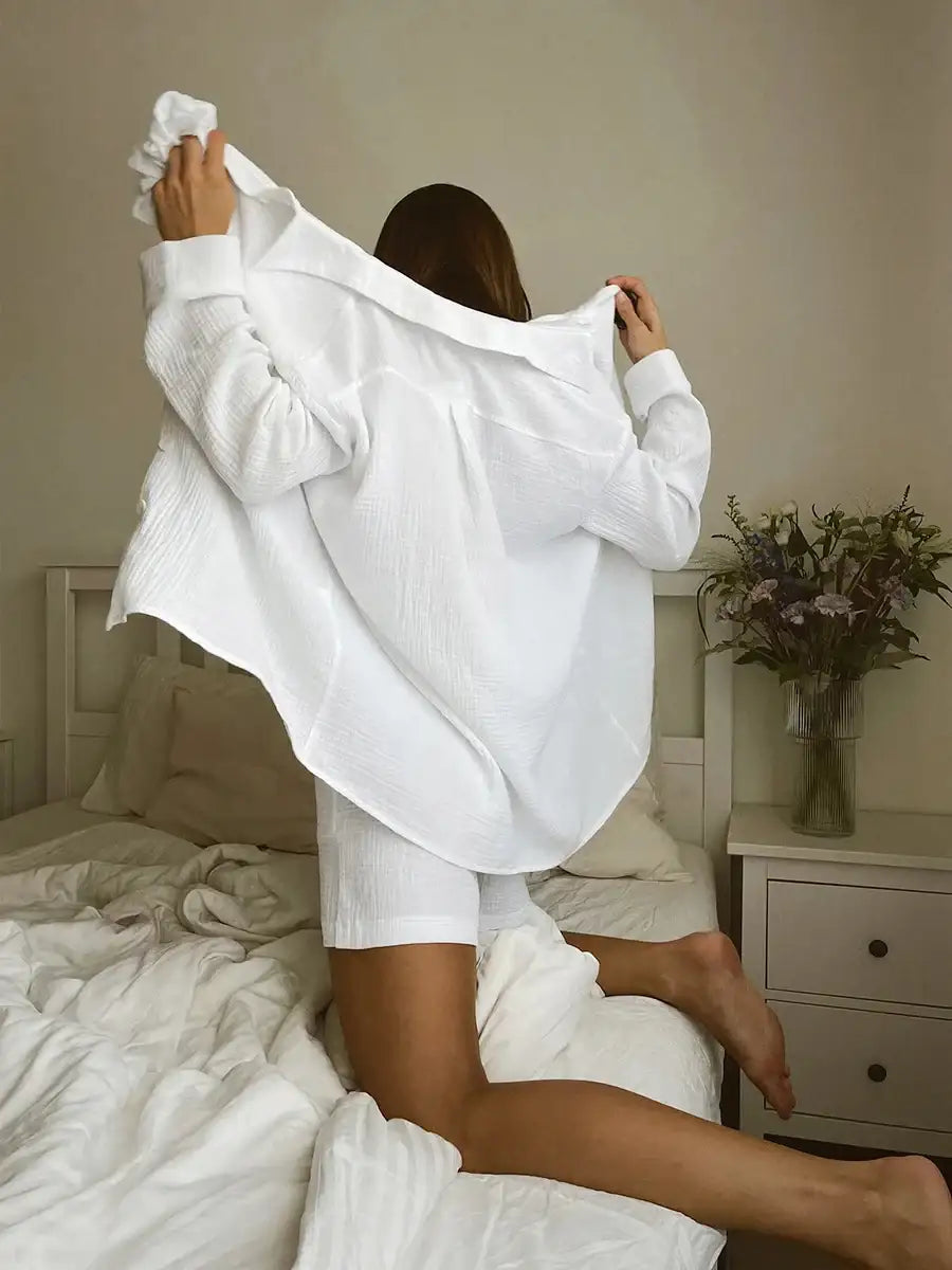 solid-color-white-pajamas-2-piece-set-cotton-homewear-nightwear-besontique-home-53030 - Besontique Home