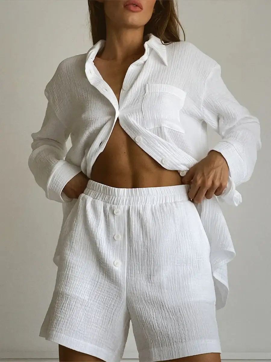 solid-color-white-pajamas-2-piece-set-cotton-homewear-nightwear-besontique-home-84451 - Besontique Home