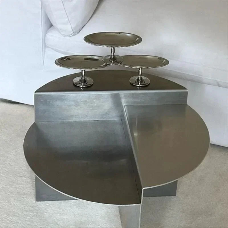 Stainless Steel Silver Coffee Living Room Table │ Japandi Modern Round Metal Layered Bedside Table Furniture - Besontique Home