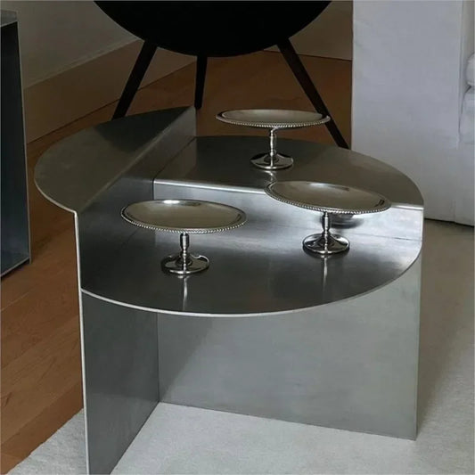 Stainless Steel Silver Coffee Living Room Table │ Japandi Modern Round Metal Layered Bedside Table Furniture - Besontique Home