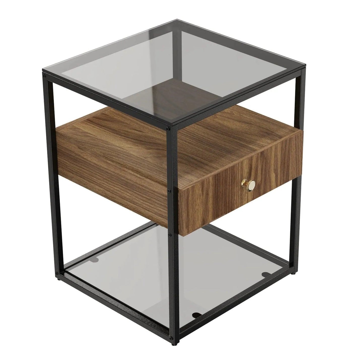 Tempered Glass and Wood Side Table │ Modern Minimal Nightstand with Wooden Drawer and Shelf Furniture - Besontique Home