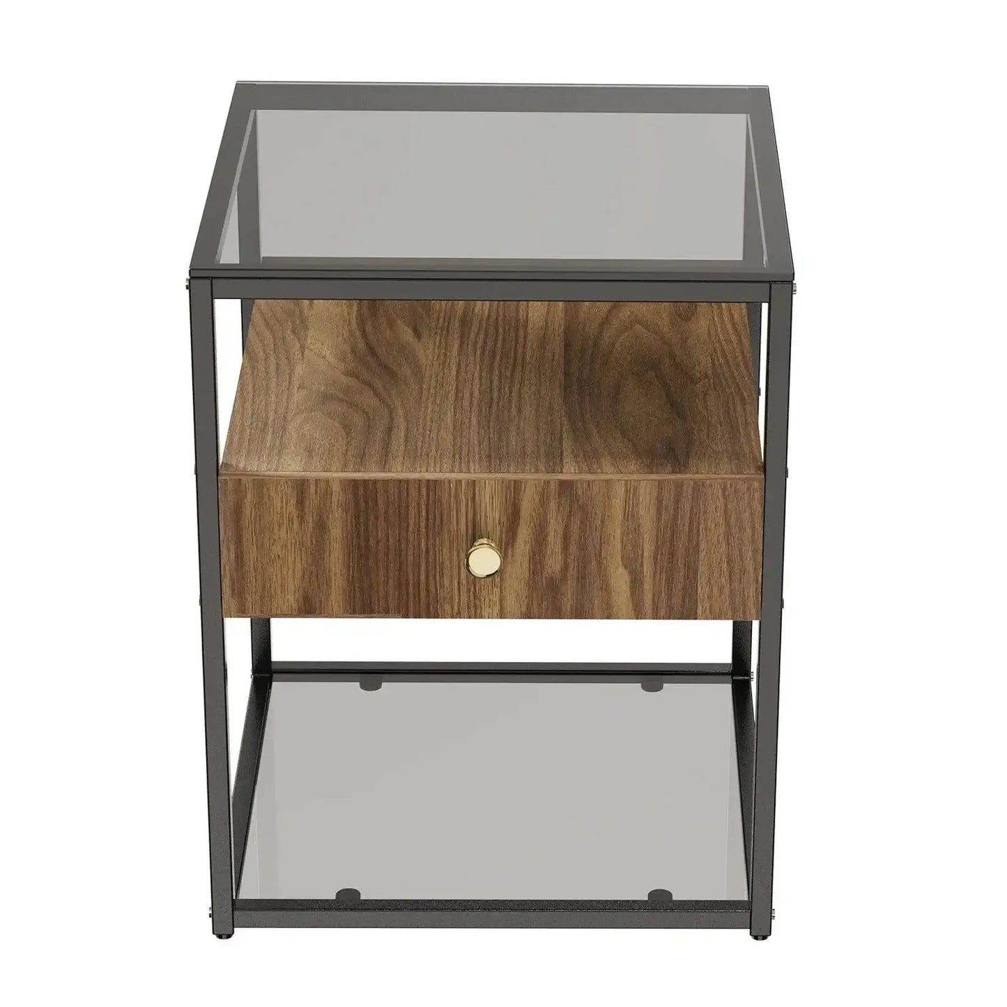 Tempered Glass and Wood Side Table │ Modern Minimal Nightstand with Wooden Drawer and Shelf Furniture - Besontique Home