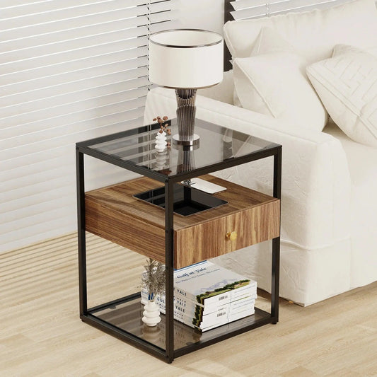 Tempered Glass and Wood Side Table │ Modern Minimal Nightstand with Wooden Drawer and Shelf Furniture - Besontique Home