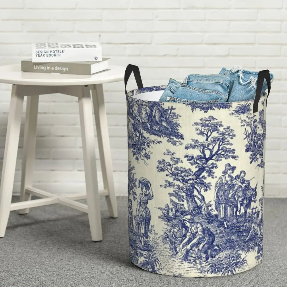 Toile De Jouy Patterns Laundry Basket │ Foldable French Motif Decorative Organizer - Besontique Home