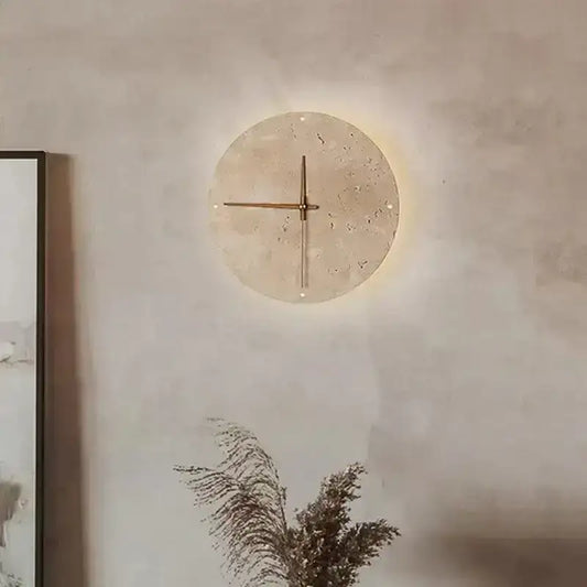 Travertine Marble Wall Decor Clock with LED Light │ Modern Minimal Natural Stone Decorative Clock - Besontique Home