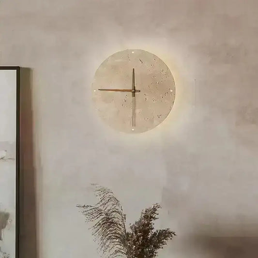 Travertine Marble Wall Decor Clock with LED Light │ Modern Minimal Natural Stone Decorative Clock - Besontique Home