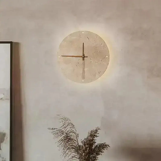 Travertine Marble Wall Decor Clock with LED Light │ Modern Minimal Natural Stone Decorative Clock - Besontique Home