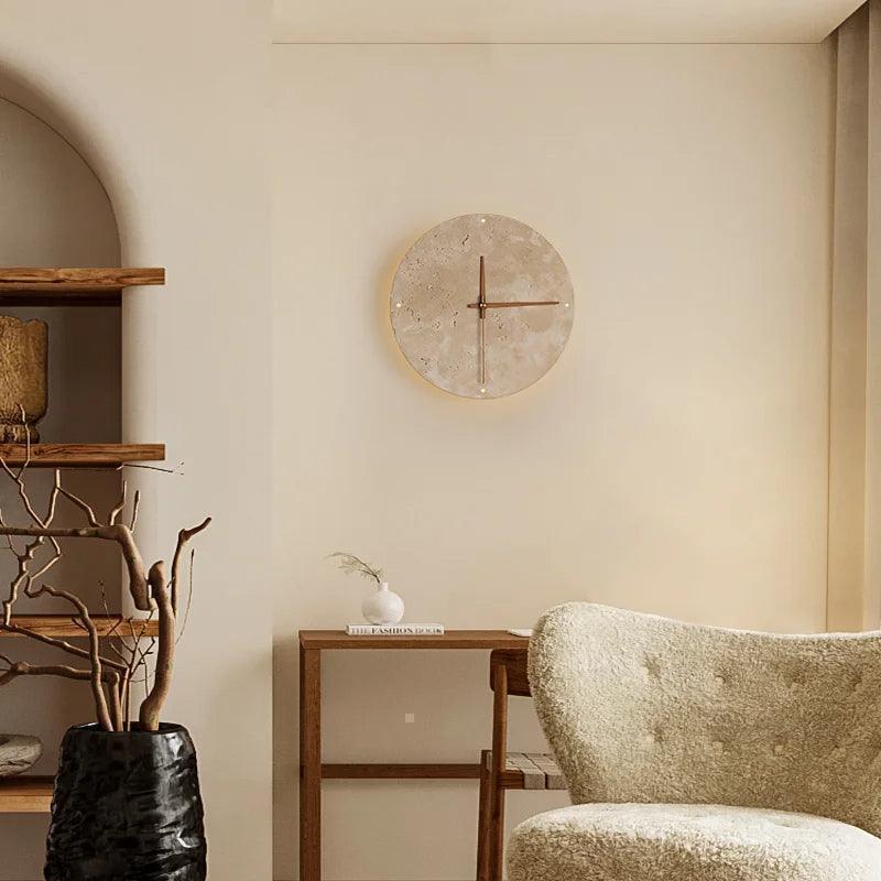 Travertine Marble Wall Decor Clock with LED Light │ Modern Minimal Natural Stone Decorative Clock - Besontique Home
