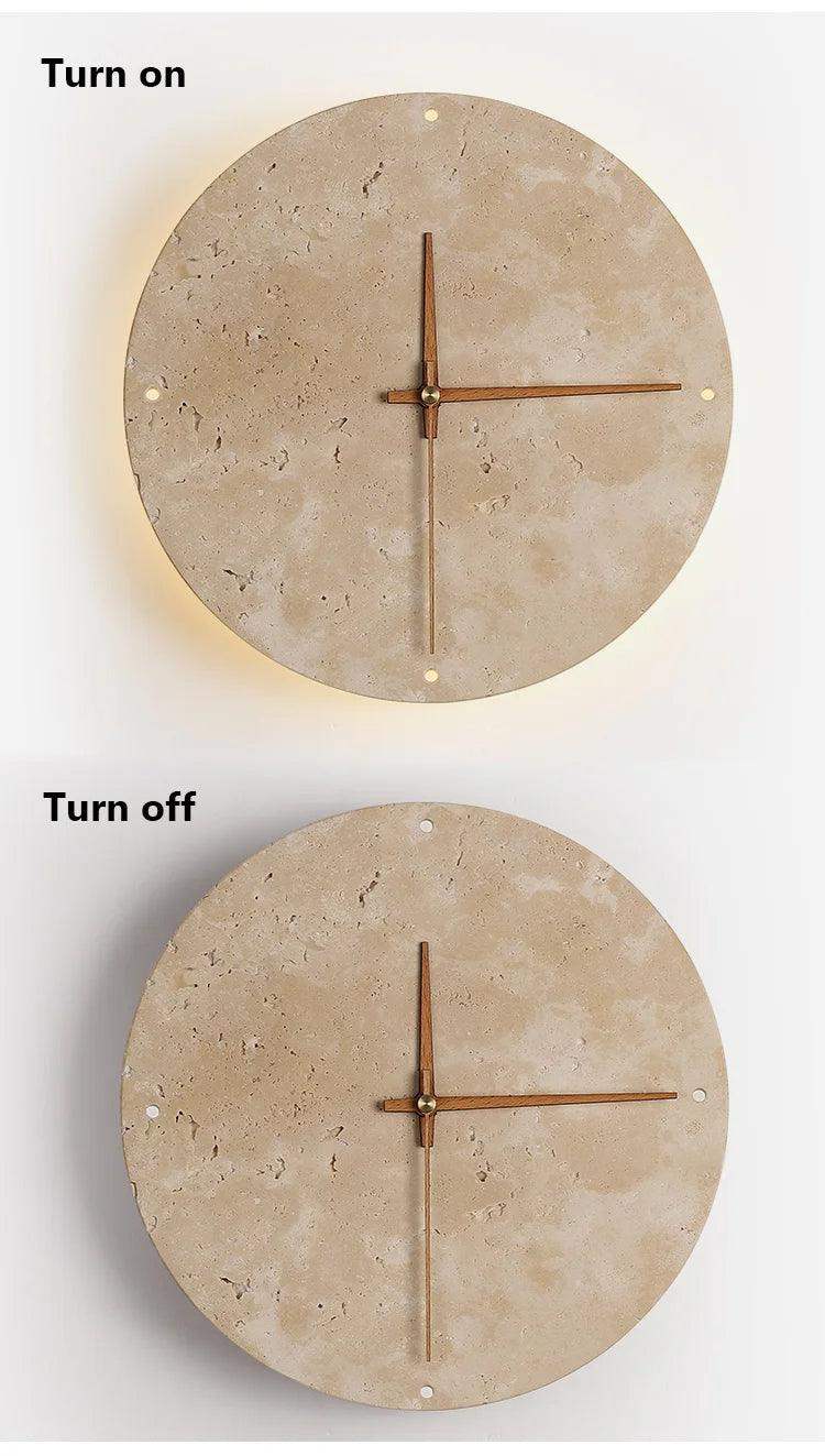 Travertine Marble Wall Decor Clock with LED Light │ Modern Minimal Natural Stone Decorative Clock - Besontique Home