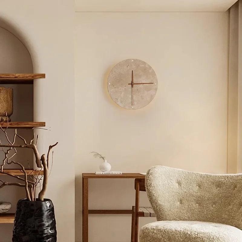 Travertine Marble Wall Decor Clock with LED Light │ Modern Minimal Natural Stone Decorative Clock - Besontique Home