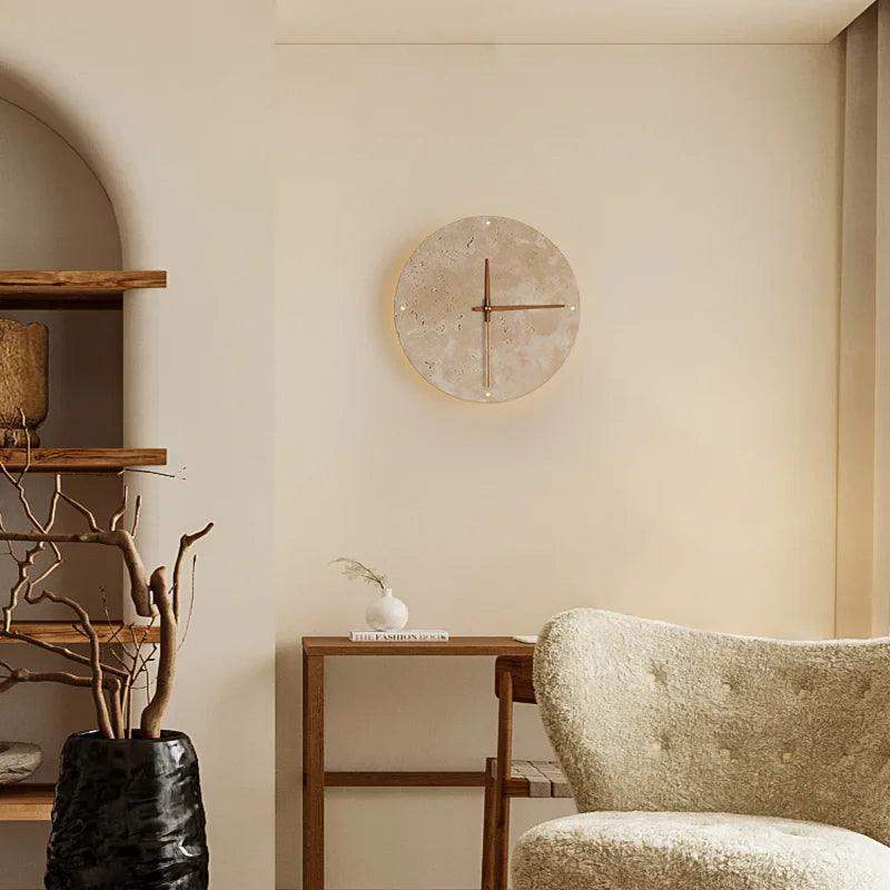Travertine Marble Wall Decor Clock with LED Light │ Modern Minimal Natural Stone Decorative Clock - Besontique Home