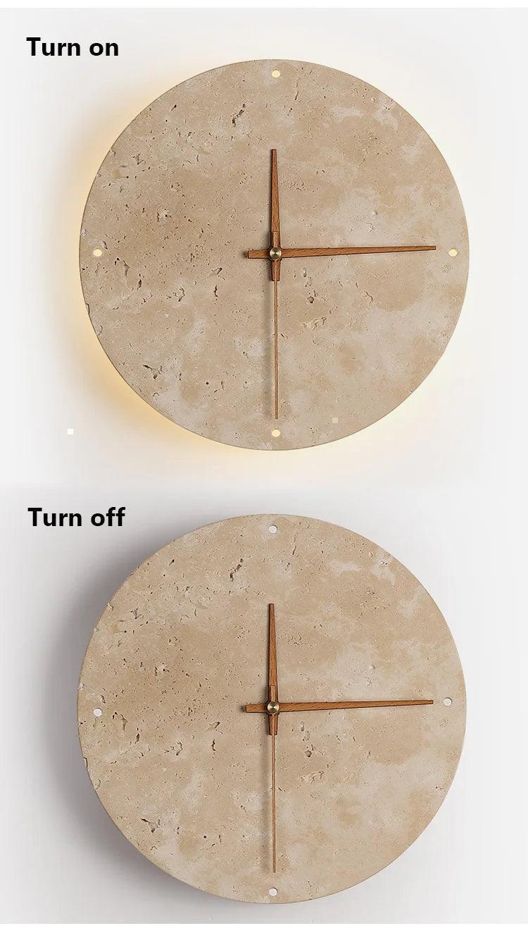 Travertine Marble Wall Decor Clock with LED Light │ Modern Minimal Natural Stone Decorative Clock - Besontique Home