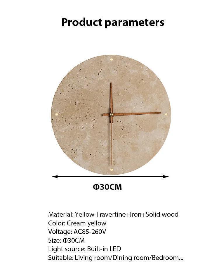 Travertine Marble Wall Decor Clock with LED Light │ Modern Minimal Natural Stone Decorative Clock - Besontique Home