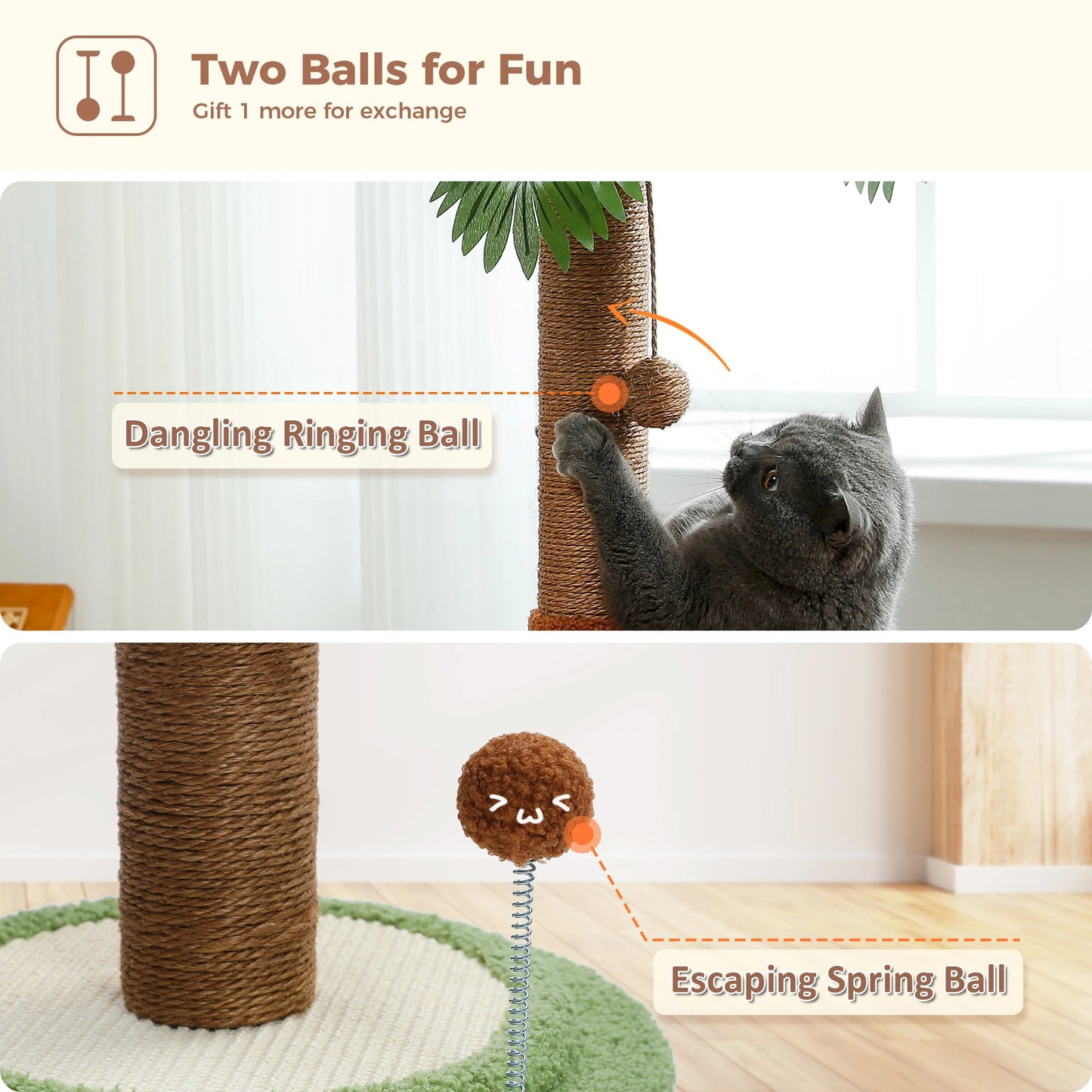 Tropical Tree Sisal Cat Scratching Post with Hangling Ball | Pet-Friendly Cat Scratcher Toy Furniture - Besontique Home