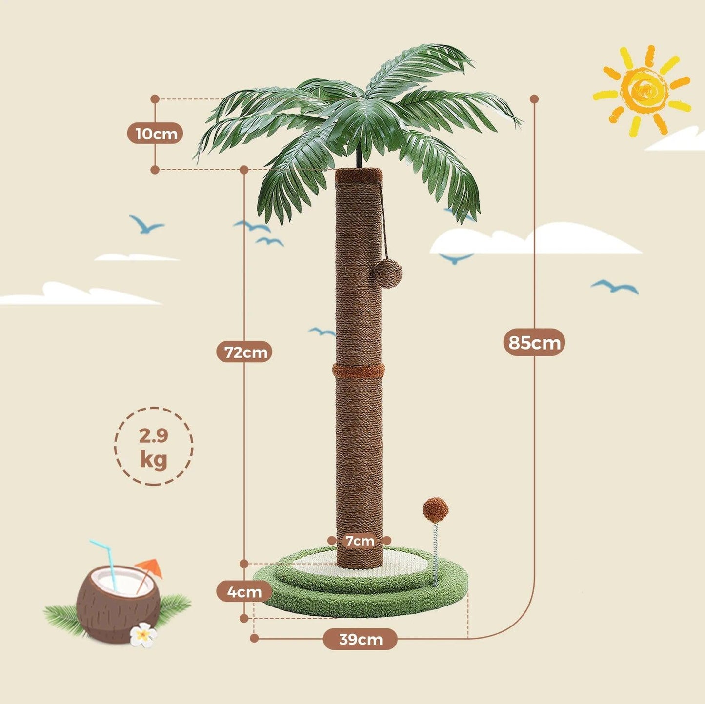 Tropical Tree Sisal Cat Scratching Post with Hangling Ball | Pet-Friendly Cat Scratcher Toy Furniture - Besontique Home