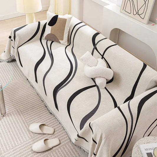 2 Chenille Line Pattern Throw Blanket with Tassel │ Simple Nordic Jacquard Reversible Double Sided Sofa Cover