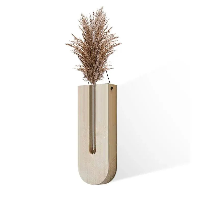 Vintage Wall Hanging Vase │ Wooden Hydroponic Wall Mounted Plant Hangers │ Transparent Glass Tube Flower Pot - Besontique Home