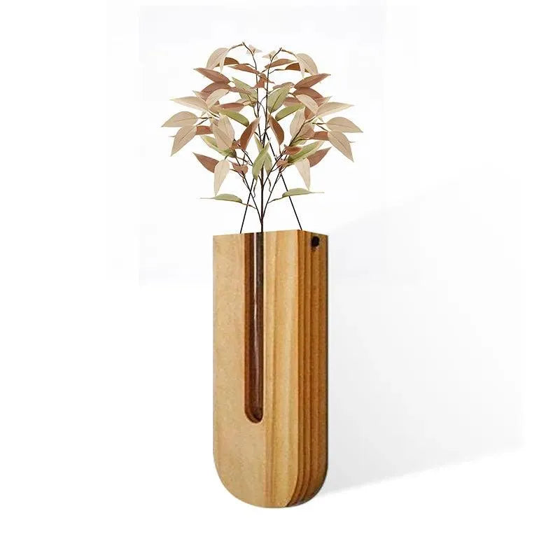 Vintage Wall Hanging Vase │ Wooden Hydroponic Wall Mounted Plant Hangers │ Transparent Glass Tube Flower Pot - Besontique Home