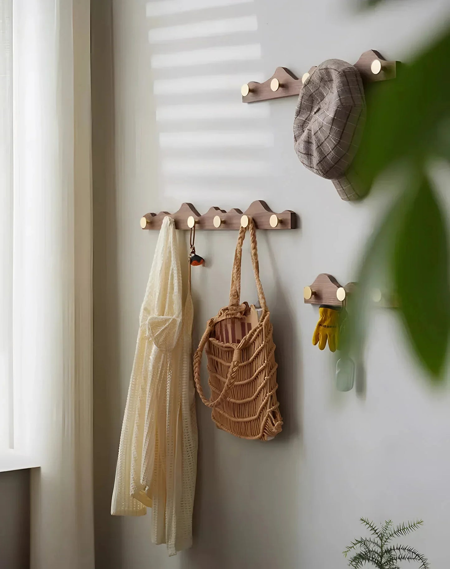 Vintage Wood Brass Abstract Wall-Mounted Hanging Storage Hook - Besontique Home