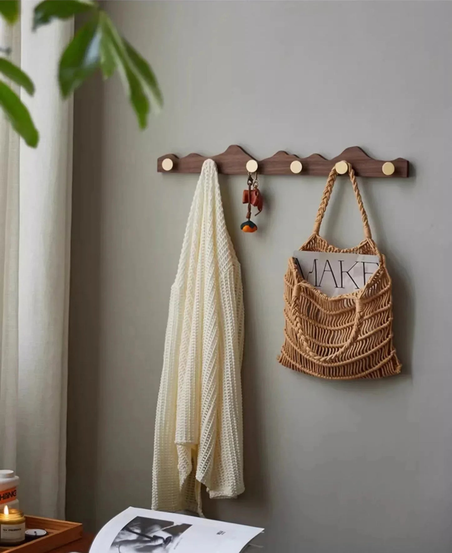 Vintage Wood Brass Abstract Wall-Mounted Hanging Storage Hook - Besontique Home