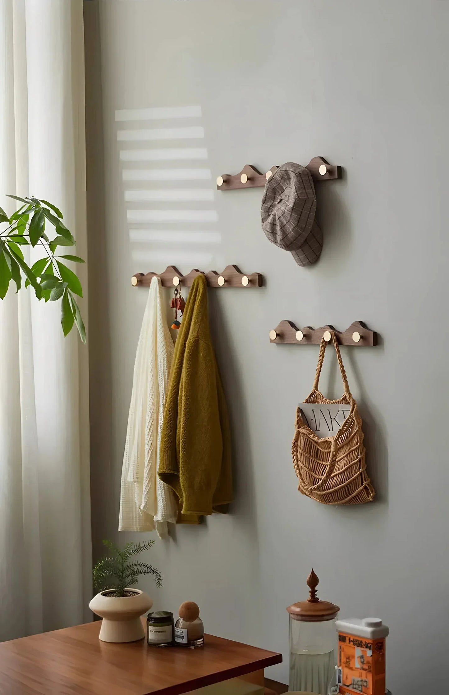 Vintage Wood Brass Abstract Wall-Mounted Hanging Storage Hook - Besontique Home