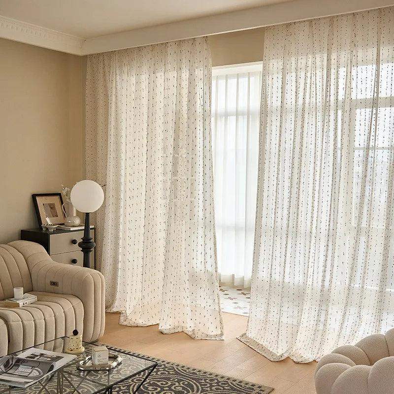 White Linen Cute Vintage Translucent Curtain │ Tulle Yarn Rainbow Embroidered Gauze Curtains - Besontique Home