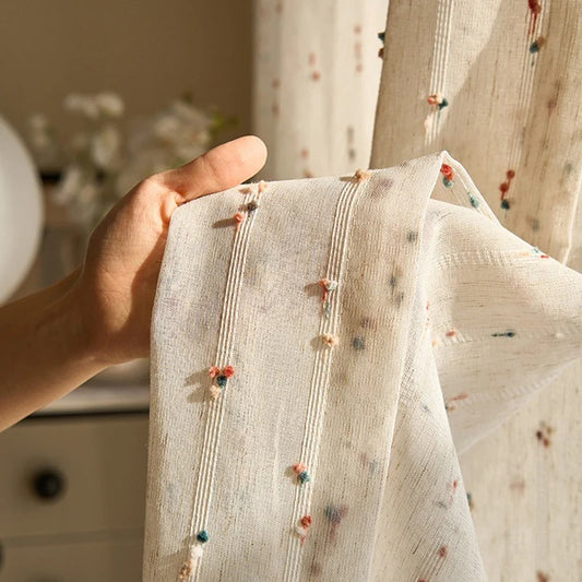 White Linen Cute Vintage Translucent Curtain │ Tulle Yarn Rainbow Embroidered Gauze Curtains - Besontique Home