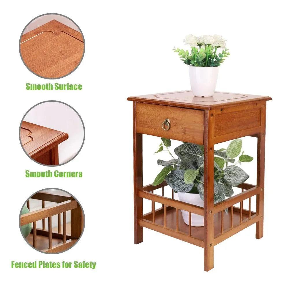 Wood Bamboo Side Table with Drawer │ Modern Storage Nightstand Furniture for Living room Bedroom - Besontique Home