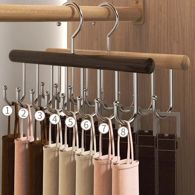 Wooden Camisole Clothes Hanger with 8 Hooks │ Rotatable Multifunctional Tie Belt Storage Organizer Hanger - Besontique Home
