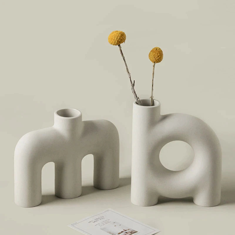 Modern Plain Beige Ceramic Flower Vase │ Simple Geometric Irregular Pots │ for Home Living Room Decor Besontique