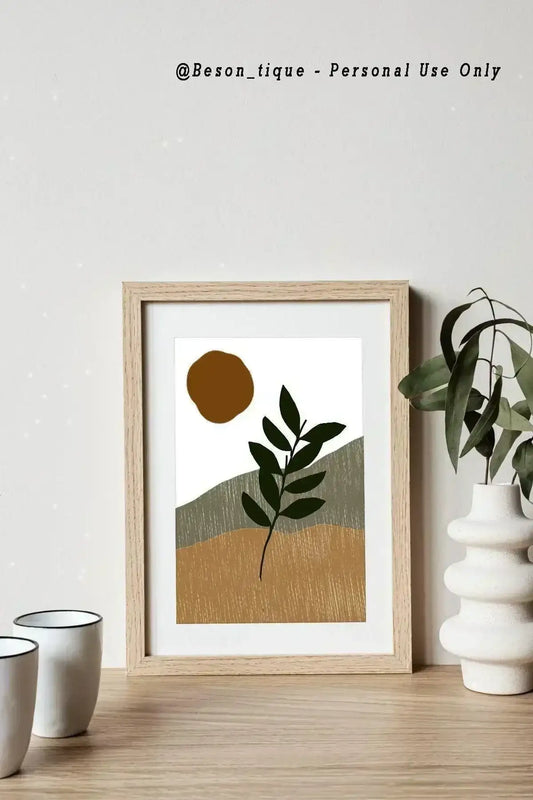 Boho Botanical Digital Prints, Modern Abstract Poster, Geometric Gallery Wall Art, Neutral Beige Green Orange Printable Art - Besontique Home