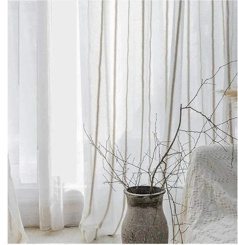 Modern Rustic Linen Striped Curtain │ Gauze White Voile Curtain - Besontique Home
