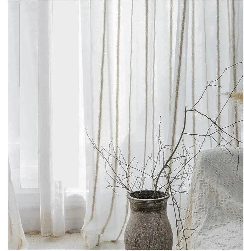 Modern Rustic Linen Striped Curtain │ Gauze White Voile Curtain - Besontique Home