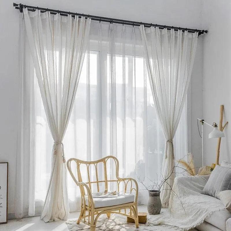 Modern Rustic Linen Striped Curtain │ Gauze White Voile Curtain - Besontique Home