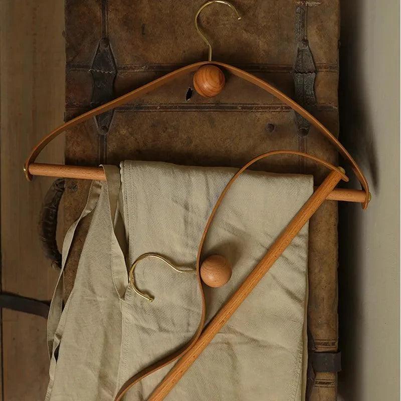 Modern Vintage Leather Wood Clothes Hanger │ Design Wardrobe Coat Trousers Storage Organizer - Besontique Home