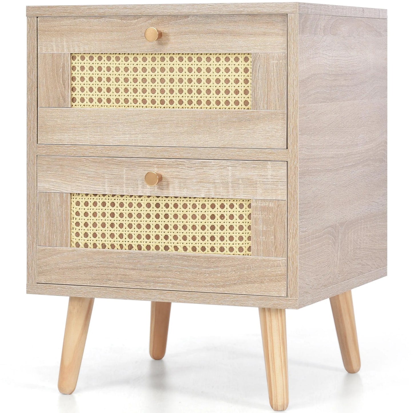 Natural Oak Rattan Night stand furniture │ Wooden Sofa Bedside Table with 2 Drawers - Besontique Home