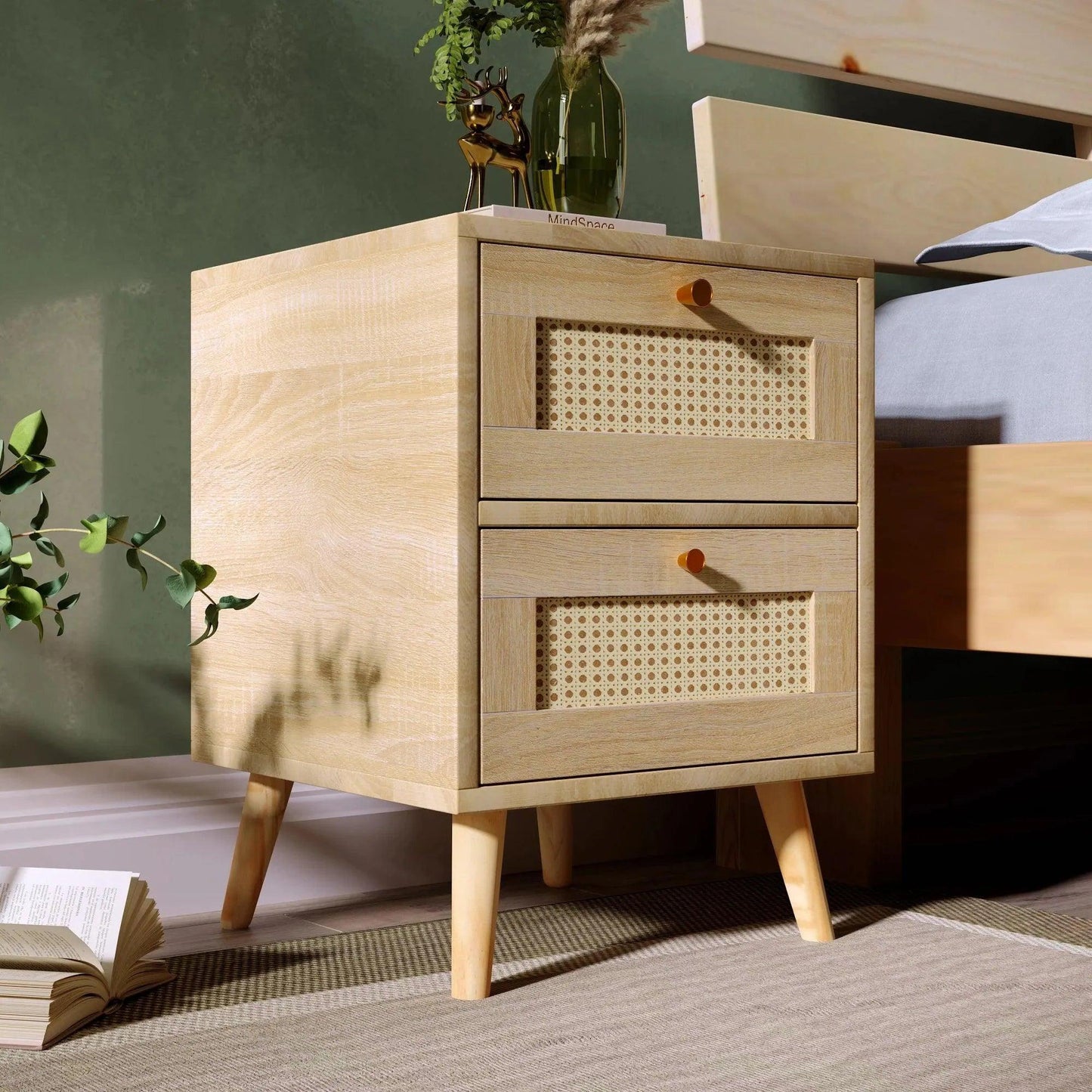 Natural Oak Rattan Night stand furniture │ Wooden Sofa Bedside Table with 2 Drawers - Besontique Home