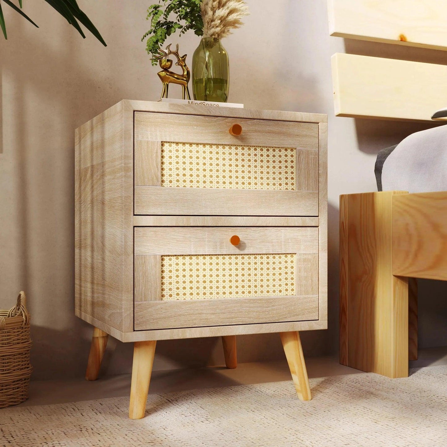Natural Oak Rattan Night stand furniture │ Wooden Sofa Bedside Table with 2 Drawers - Besontique Home