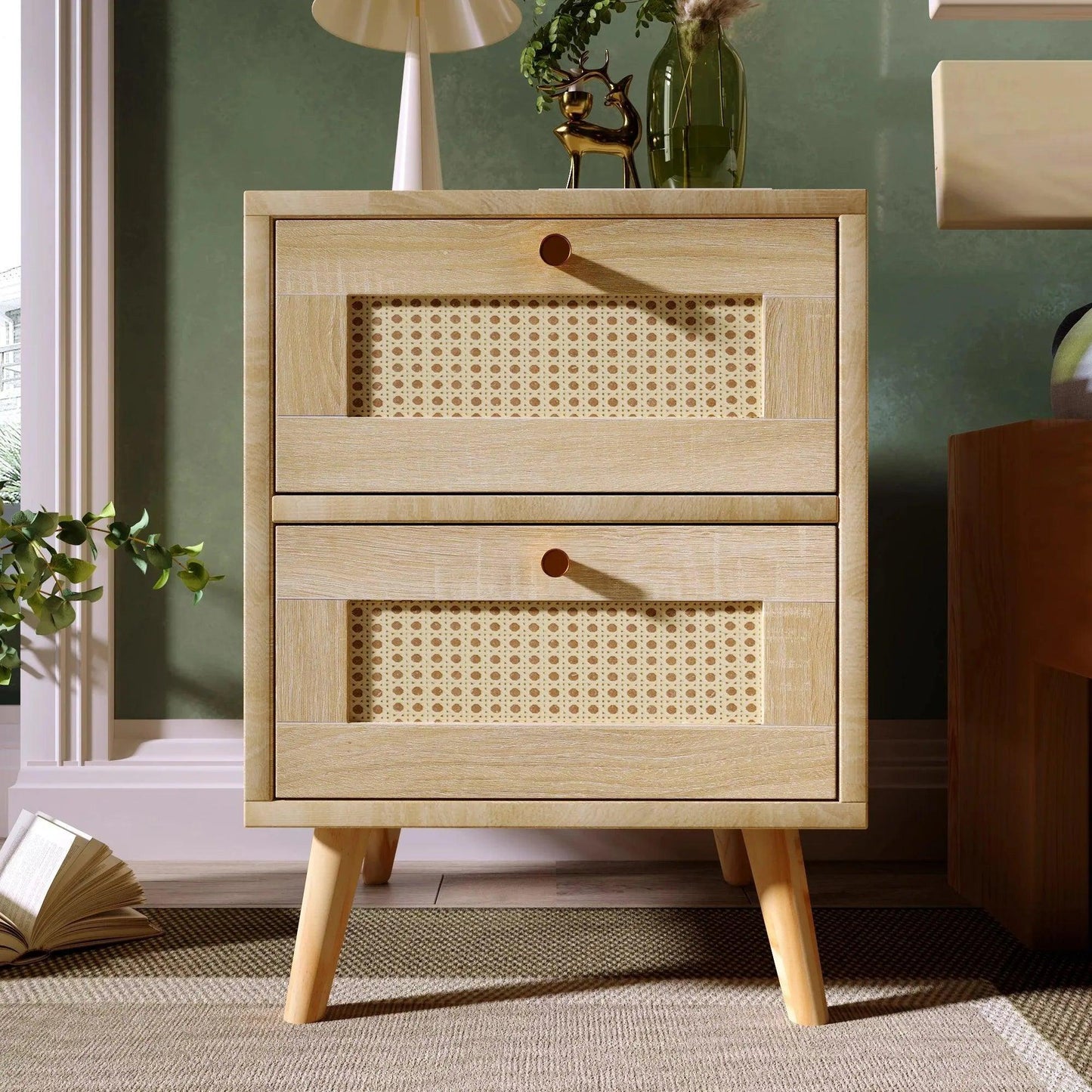 Natural Oak Rattan Night stand furniture │ Wooden Sofa Bedside Table with 2 Drawers - Besontique Home
