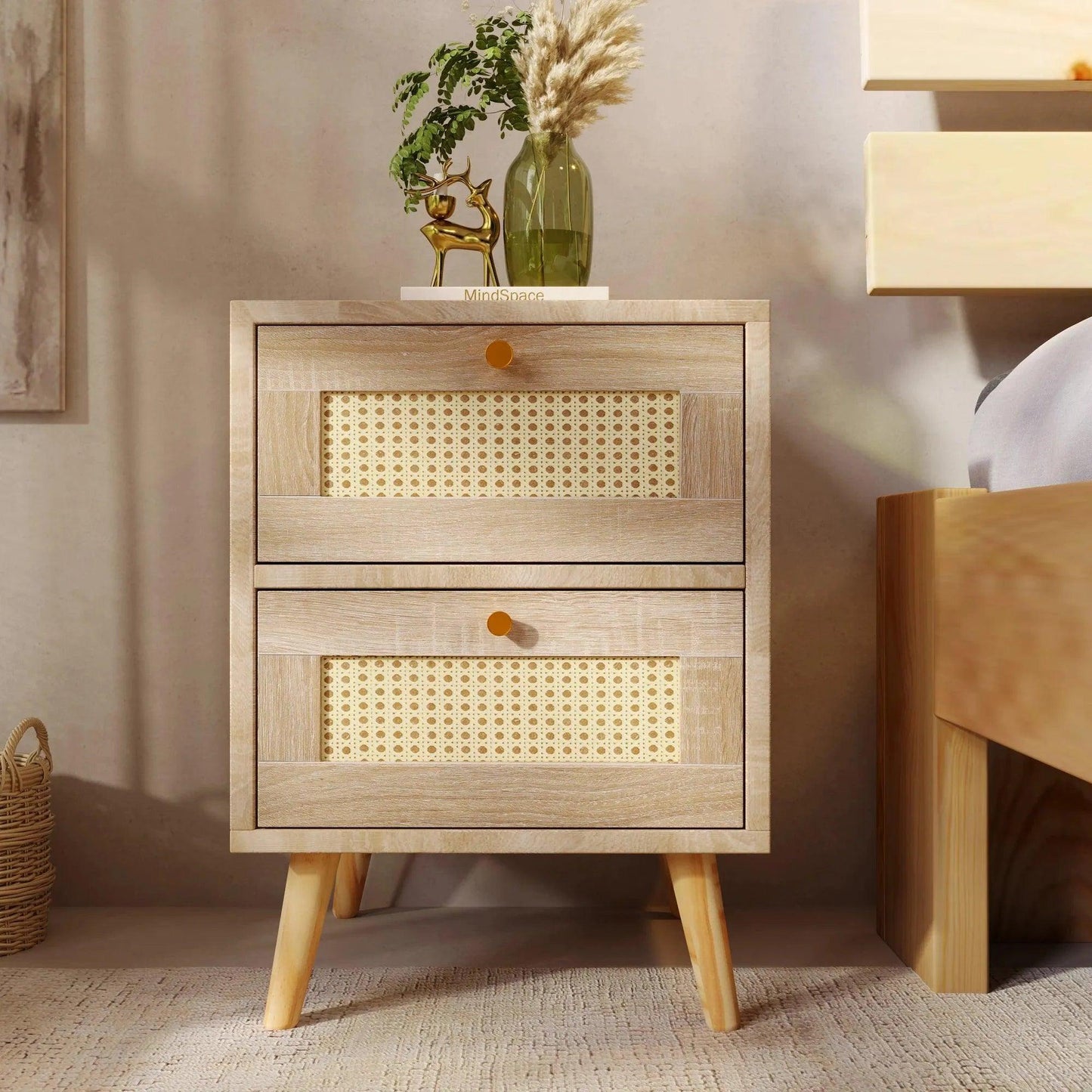 Natural Oak Rattan Night stand furniture │ Wooden Sofa Bedside Table with 2 Drawers - Besontique Home