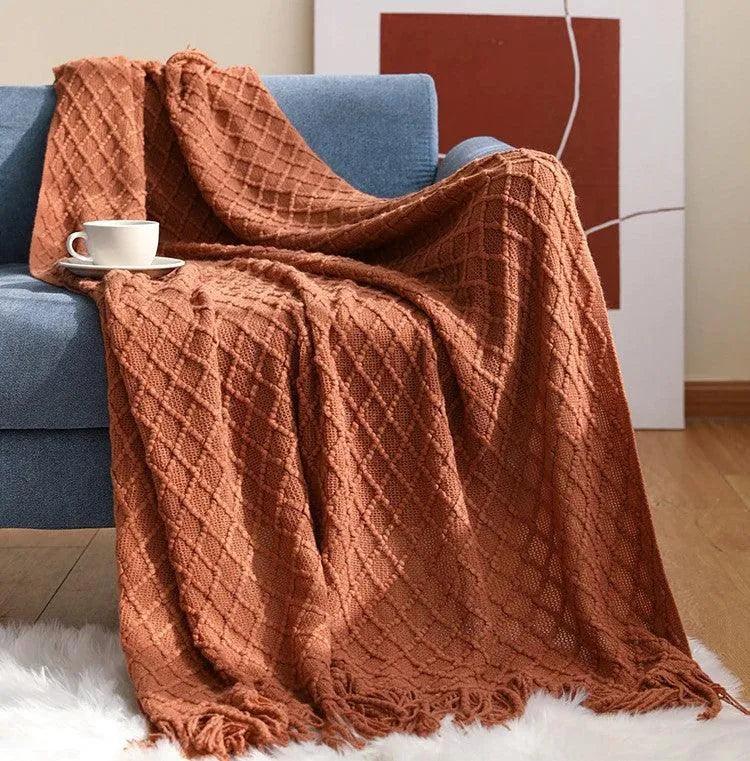 Neutral Knitted Throw Blanket with Tassel │ Nordic Style Plaid Bedspread - Besontique Home