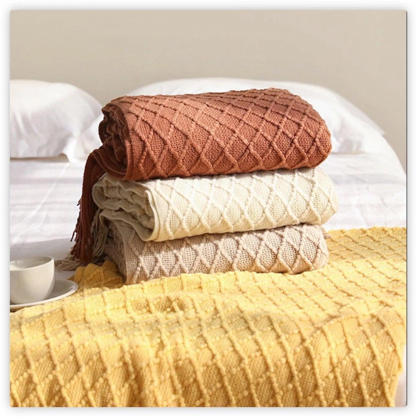 Neutral Knitted Throw Blanket with Tassel │ Nordic Style Plaid Bedspread - Besontique Home