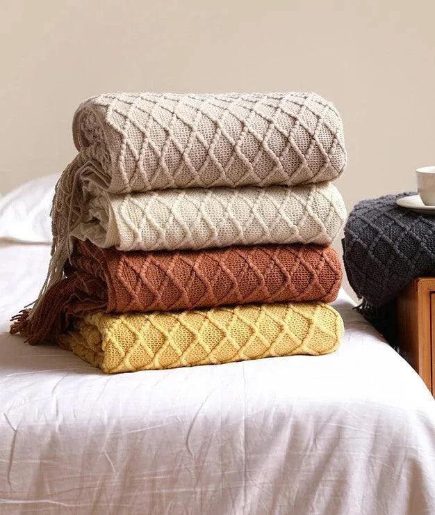 Neutral Knitted Throw Blanket with Tassel │ Nordic Style Plaid Bedspread - Besontique Home
