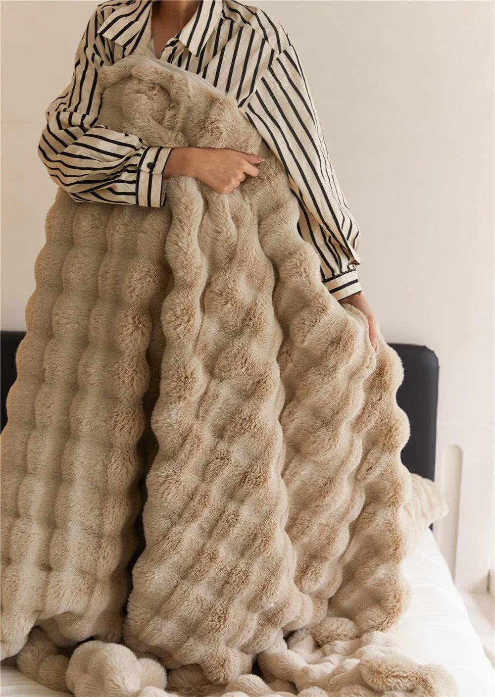 Neutral Luxury Fur Fluffy Blanket │ Super Comfortable Blankets for Bed │ High-end Warm Winter Blanket for Sofa Couch Decor - Besontique Home