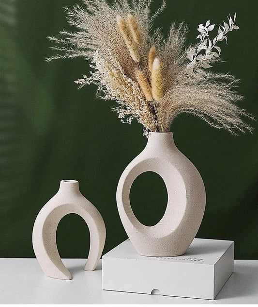 Nordic Beige Ceramic Vase 2Pcs/Set │ White Matte Flower Pots for Pampas Grass - Besontique Home