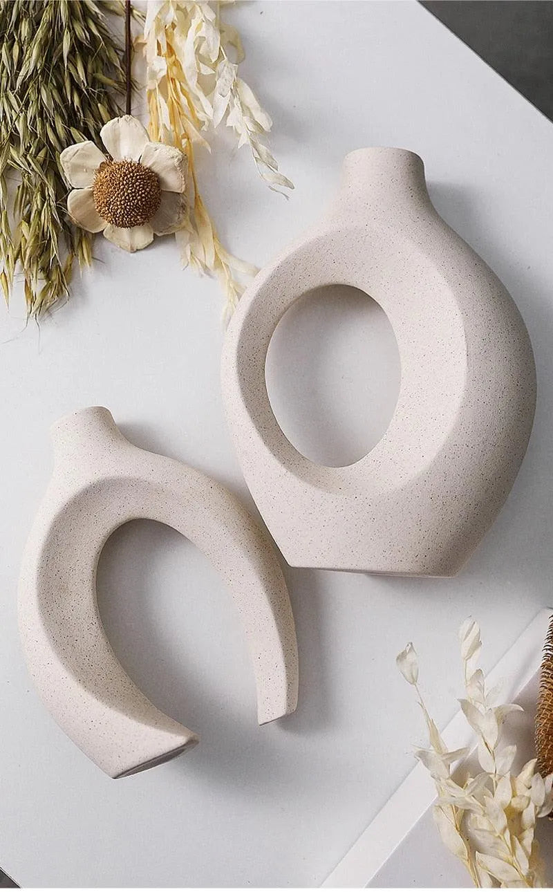 Nordic Beige Ceramic Vase 2Pcs/Set │ White Matte Flower Pots for Pampas Grass - Besontique Home