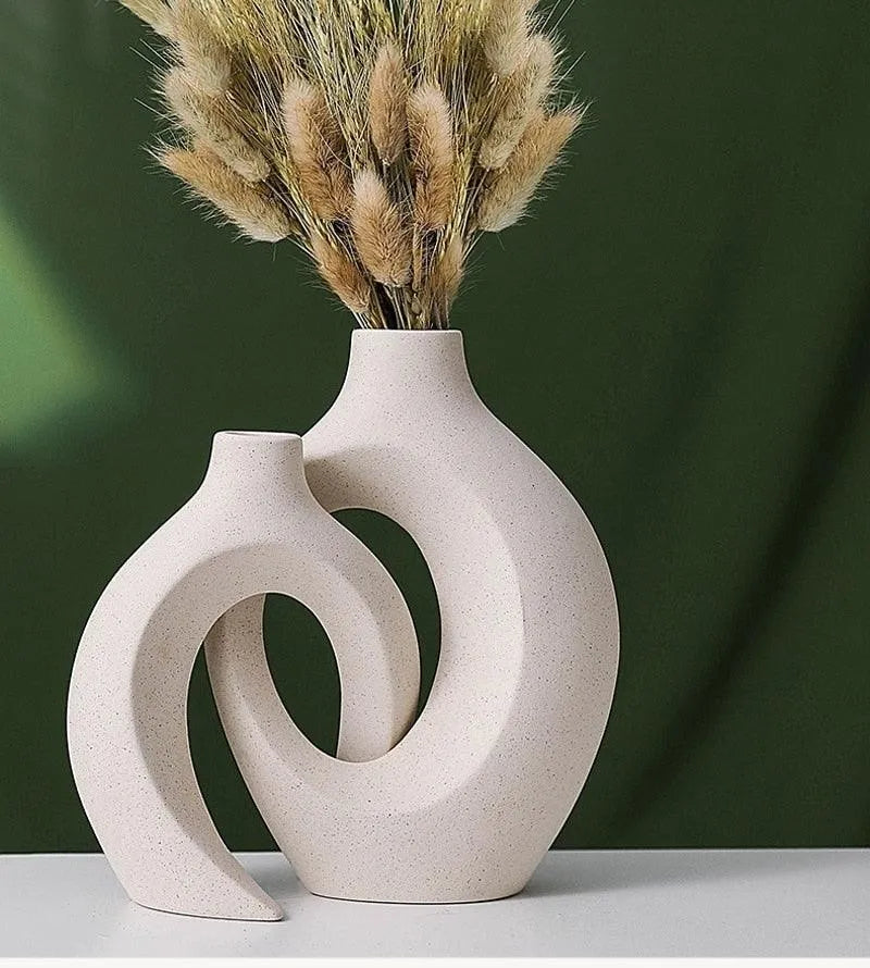 Nordic Beige Ceramic Vase 2Pcs/Set │ White Matte Flower Pots for Pampas Grass - Besontique Home